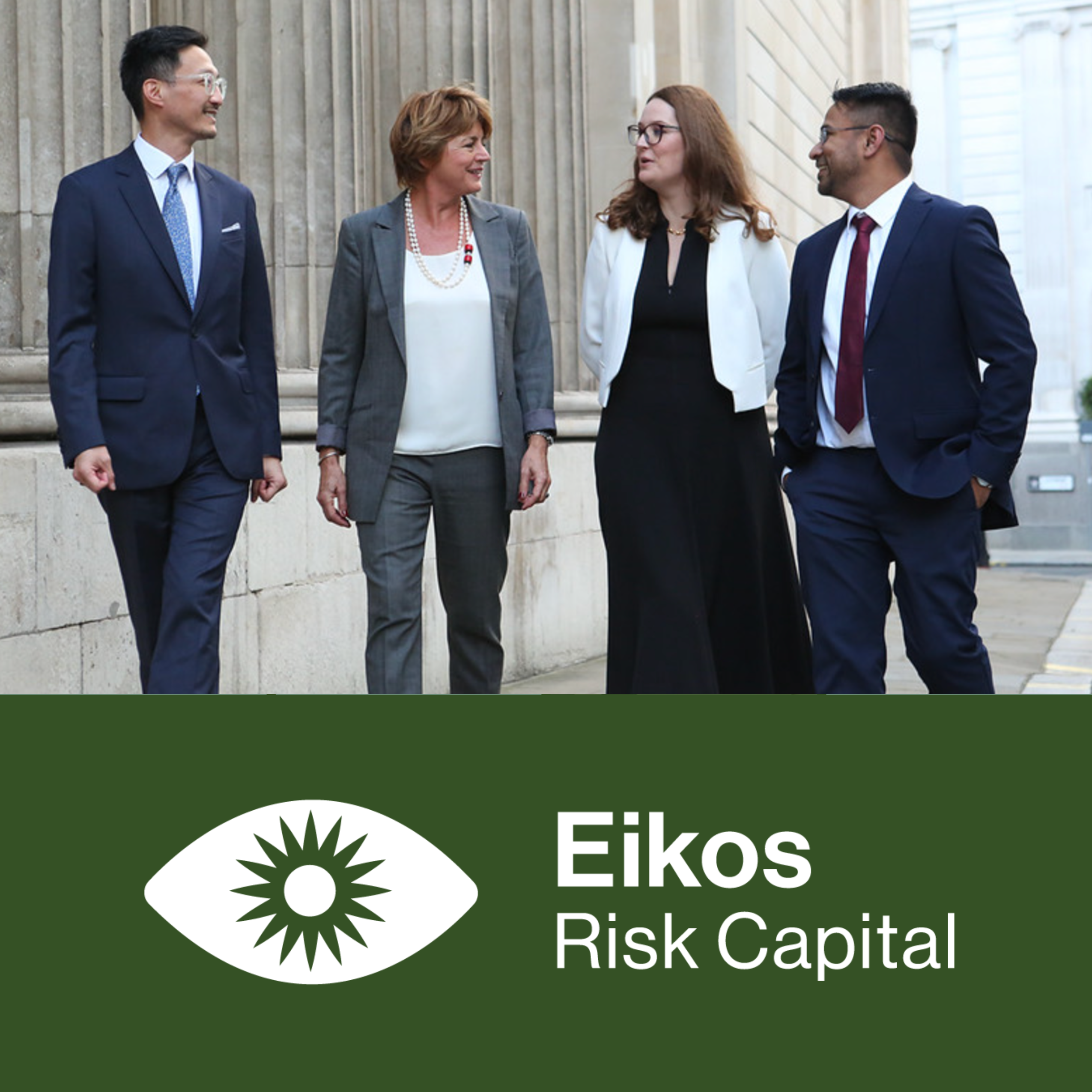 An image of select staff members of Eikos Risk Capital, walking in the city and talking, dressed in formal business attire. There is a section at the bottom of the image with a green background and white 'Eikos Risk Capital' logo